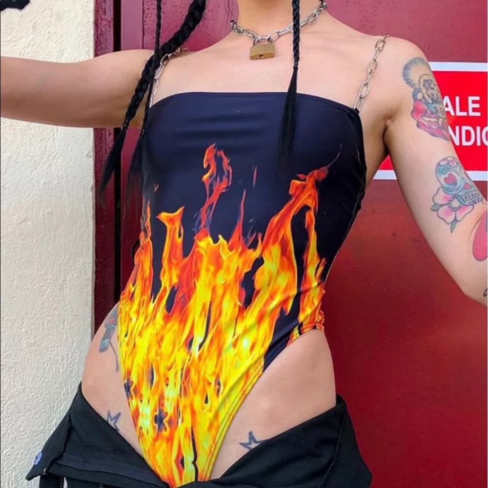 SOLD Baddie Boutique Flame Chain Strap Bodysuit